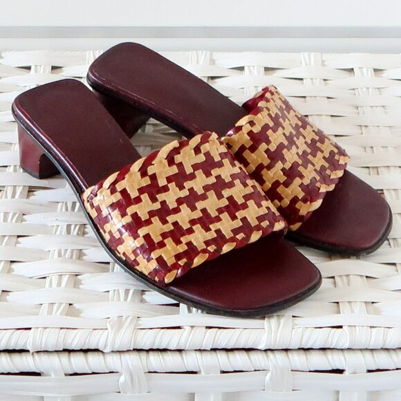 Handcrafted Burgundy Raffia Block Heel Mule Sandals Woven Boho Summer Shoes 7 - Picture 7 of 16